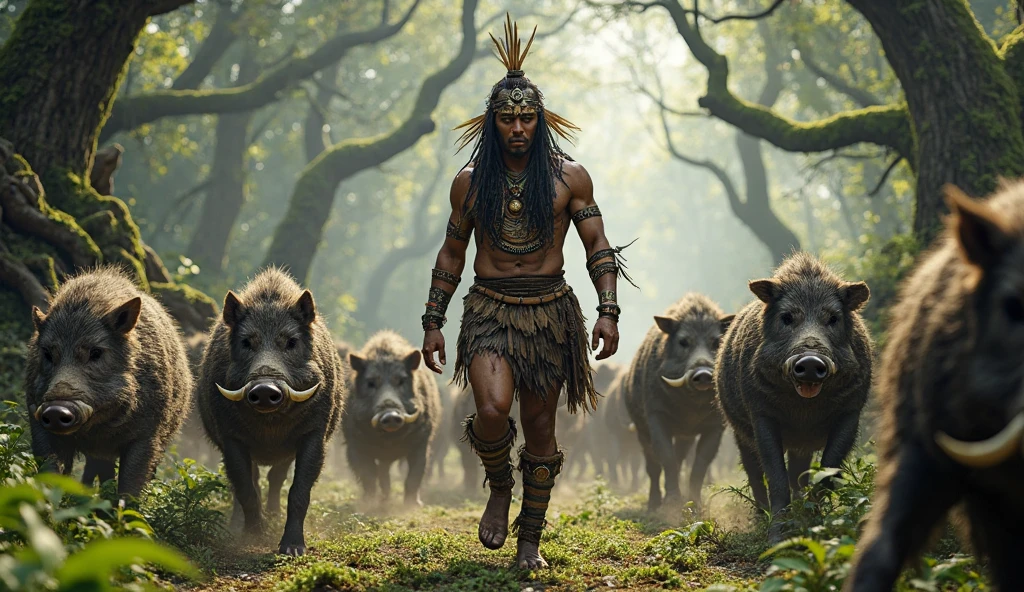 2 indigenous people and 2 wild boars