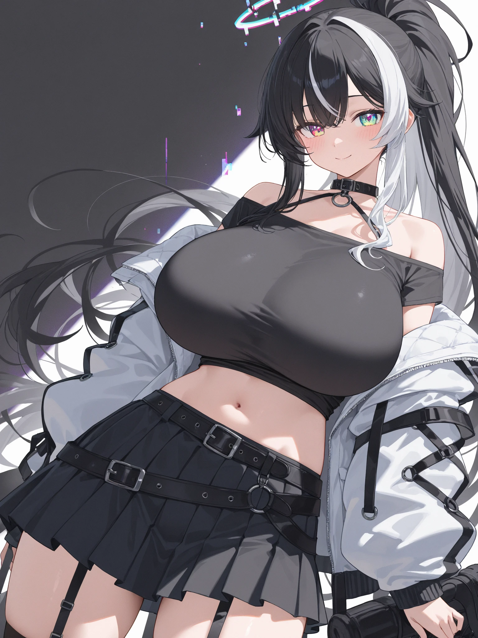 4k画质，Highest high resolution，Gray-purple bangs，Red eyes，20yr old，woman，Graffiti walls，street corner，short  skirt，blackstockings，God perspective，Clear face，Detailed eyes，cleavage，