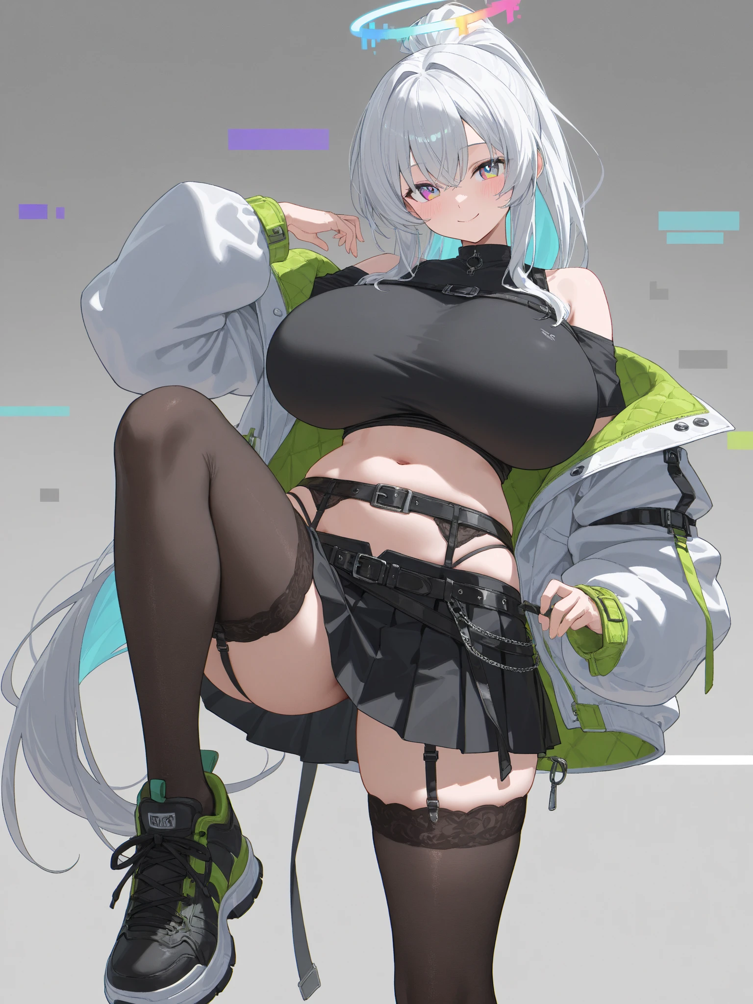 originalhoney, 1girl, thighhighs, candy, lollipop, solo, skirt, one eye closed, food, breasts, navel, jacket, boots, sitting, black thighhighs, swimsuit, bikini, holding, holding candy, black footwear, looking at viewer, pleated skirt, bikini top only, open clothes, couch <lora:honey_badger-pynoise-000007:1>