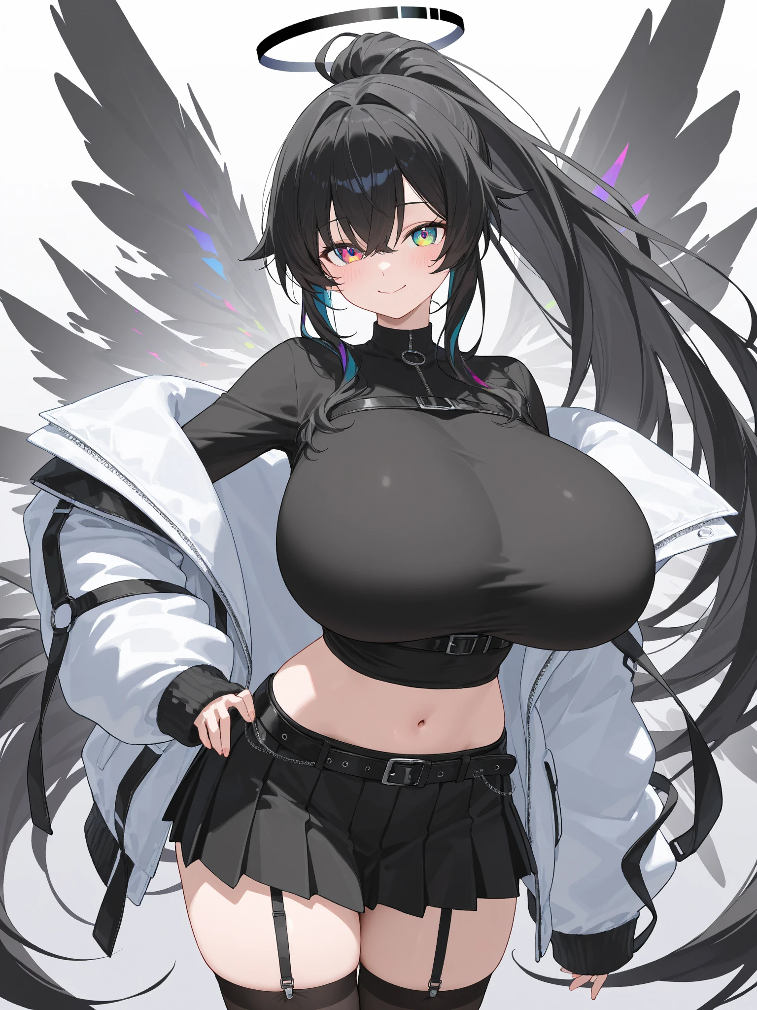 Childlike big breasts, long black curly hair, short loli, blue eyes, Qi bangs