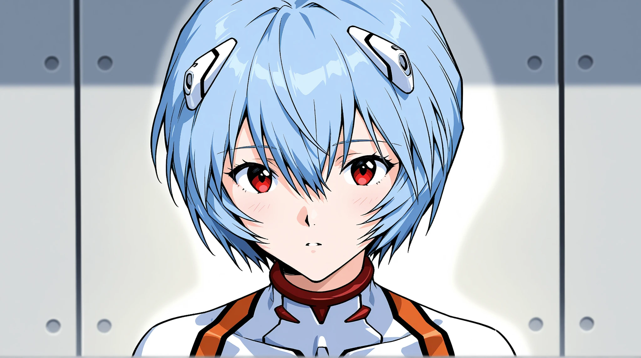 1girl, ayanami rei, solo, red eyes, plugsuit, short hair, blue hair, breasts, bodysuit, upper body, white background, white bodysuit, simple background, interface headset, bangs, closed mouth, hair between eyes, medium breasts, medium quality, late, 