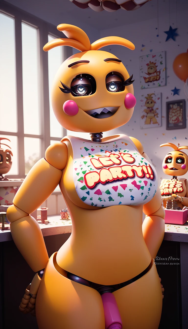 (Masterpiece, Best Quality:1.2), ToyChica, 1girl, 独奏, blush stickers, panty, underwear, pink panties, 가슴, crop-top, Heart, colored skin, Shirt, yellow skin, symbol-shaped pupils, heart-shaped pupils, Black Eyes, large breasts, joints, collar, Standing, clothes writing, colored sclera, antenna hair, white shirt, sideways, shortened torso, Cringing, Indoors, Squatting, legs separated, Framed legs, you can see the , (((right hand on pussy))) (((masturbating)))