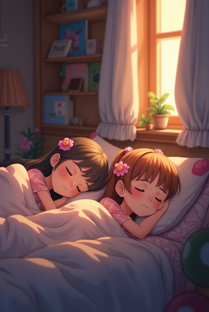 Two young girls listening to music lying in bed --auto --s2