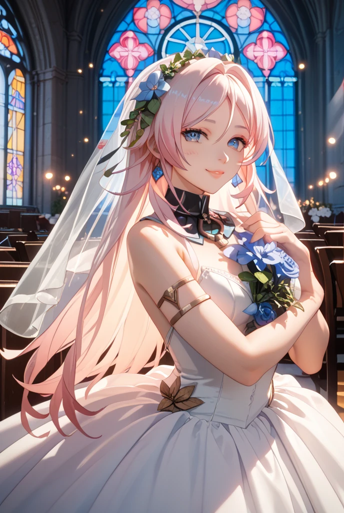 (Highly detailed CG Unity 8k wallpaper, masterpiece, top quality) (Perfectly proportioned hands with one thumb and four fingers) (Adult woman in her early twenties wearing a pure white wedding dress with dense lace) (Shiny silver hair, long hairstyle) Perfect body Golden ratio (shiny emerald green eyes) Smile (Composition where the whole body can be seen) Staring at the viewer (unexposed costume) In front of the church altar