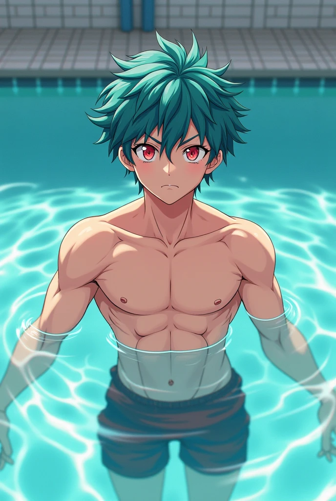 (hyper-realistic digital illustration), hires, best quality, underwater world, wide angle, swimming, athletic body, male, iridescent skin, flat chest, silver eyes, green hair styled in spikes, determined expression, bioluminescent lighting, wearing fashionable black small thong, full mast, erect bulge, erect bulge, visible through underwear , small waist, broad chest, big mane, slim scruffy, muscular