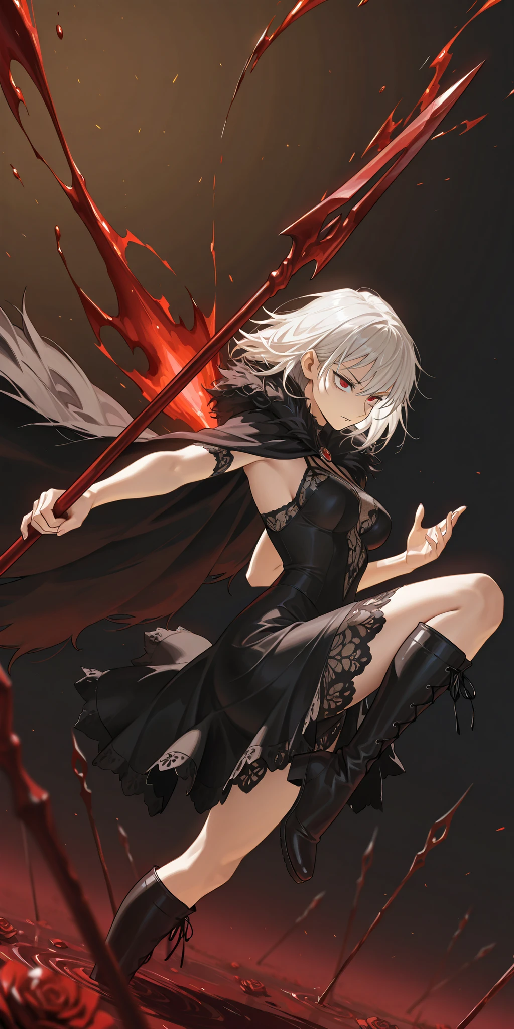 in the style of Jujutsu Kaisen, mature, young adult, masterpiece, best quality, amazing quality, very aesthetic, high resolution, ultra-detailed, absurdres,
1girl, woman, solo, alone,(side shot, dynamic pose, upper body focus, three quarter view, close_up shot:1.2), dramatic pose, red eyes, black hair, medium hair, white hair, brown hair, vampire, lace dress, high boots, succubus, malicious gaze, killing aura, tsurime, medium breasts, divinity, fighter, darkness, standing in a field of blood roses, blood spear, fur cape, fighting stance, lancer,
BREAK, depth of field, volumetric lighting
