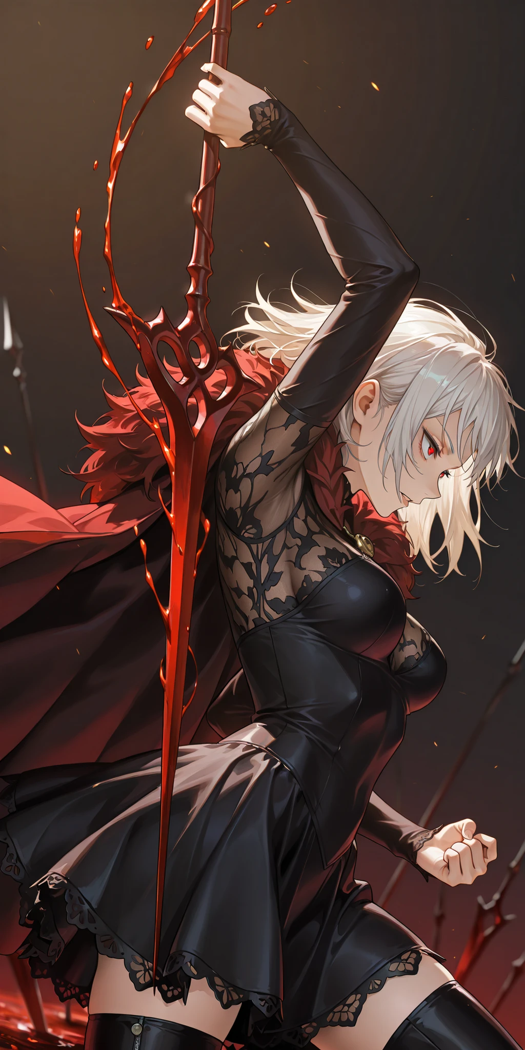 in the style of Jujutsu Kaisen, mature, young adult, masterpiece, best quality, amazing quality, very aesthetic, high resolution, ultra-detailed, absurdres,
1girl, woman, solo, alone,(side shot, dynamic pose, upper body focus, three quarter view, close_up shot:1.2), dramatic pose, red eyes, black hair, medium hair, white hair, brown hair, vampire, lace dress, high boots, succubus, malicious gaze, killing aura, tsurime, medium breasts, divinity, fighter, darkness, standing in a field of blood roses, blood spear, fur cape, fighting stance, lancer,
BREAK, depth of field, volumetric lighting
 