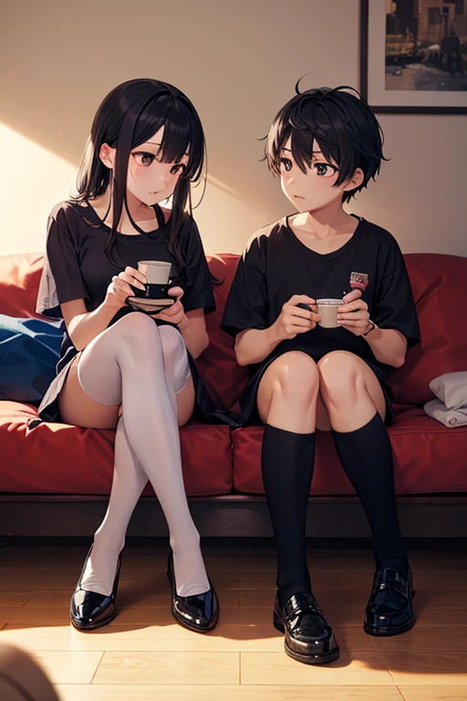 (((masterpiece))), (((Best Quality))), (((High quality))), (((Beautiful))), (((8K))), (((High resolution))), (((absurd necessity))), (((Ultra high definition))), (((High resolution))),

 (1girl in), (1boy), (Shota:1.5), (Gamine:1.5), (:1.4), (Glitter eyes:1.3), (sparkle in eyes:1.4), (Girl with long black hair:1.4), (Black short-haired boy:1.2), (Girl in white uniform:1.4), (Kurogakuran boys:1.3), (Extra Ultra Flat Chest:1.4), (extremely small breasts:1.4), Black hair color, (Sauce order:1.4), (On the white sofa), (small head), (pink  bra:1.4), (The pink bra is visible:1.4), (Blushing Girl:1.211), (Looking away:1.4), (Shota and the girl staring at each other:1.4)