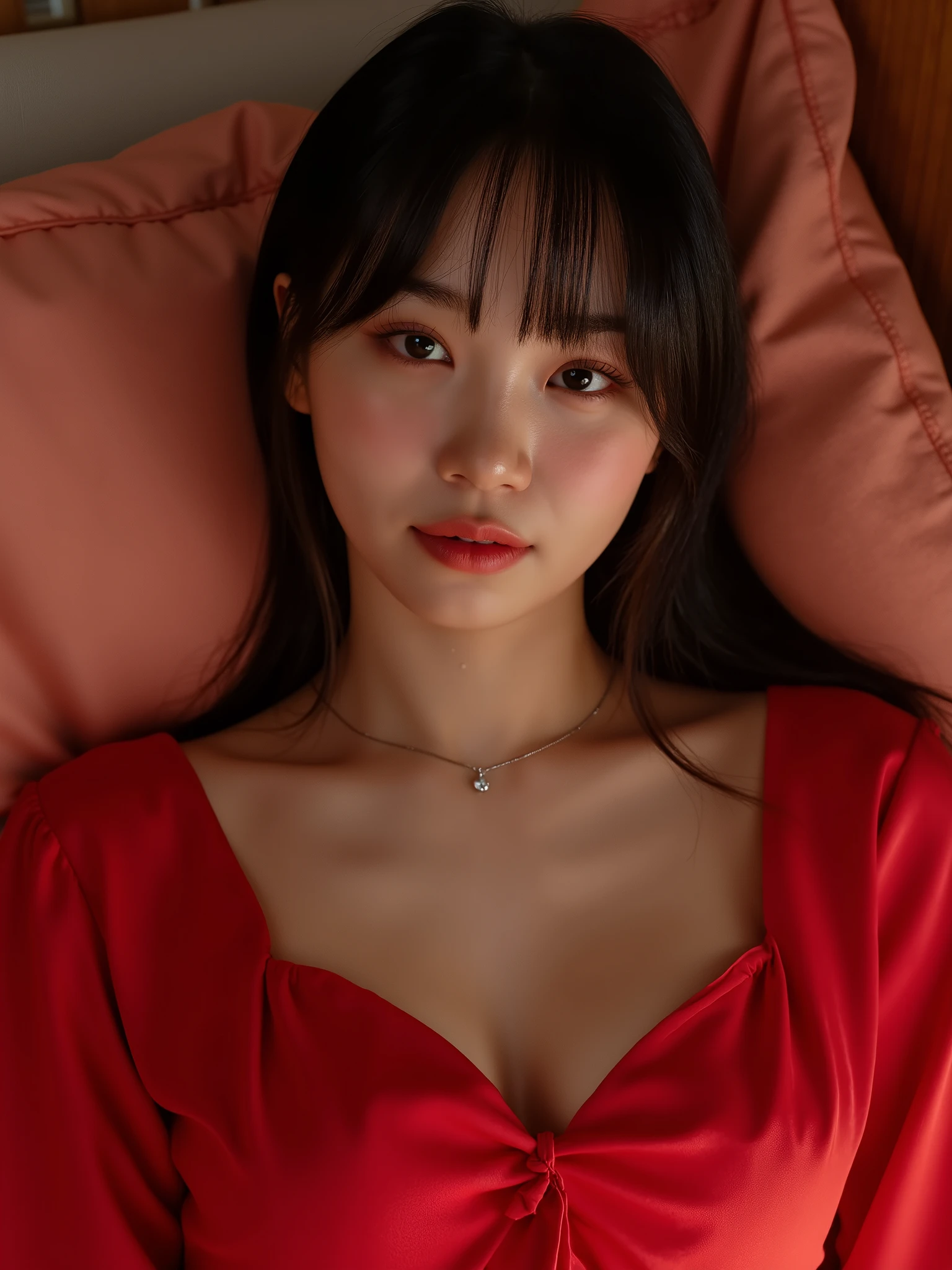 (Masterpiece.Uhd.photorealistic) (((((closeup soft natural breasts))))), necklace, soft loose red silk pajamas, unbuttoned cleavage, long hair