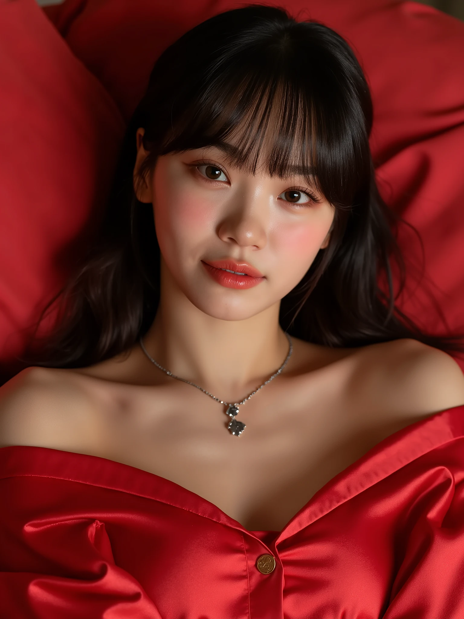Kim Jennie with black hair, with curlers at the ends, Brown eyes, beautiful eyes, crying eyes, beautiful, splash your nose, watery nose, beautiful lips, pink lips, heart and cupid shaped lip, beautiful skin, pale white skin, with moles and freckles all over his face, soft pink blush on cheeks, soft pink makeup, Nice neck, marked collar, tender look, with a kiss necklace, while wearing a medieval corset, corset blanco medieval, beautiful corset, as long as you have a slim and beautiful abdomen, while wearing red underwear, tiny red underwear with white medieval corset, sexy (big breasts, soft breasts, beautifuls pechos), while doing a sexy pose, autophoto, looking to the camera