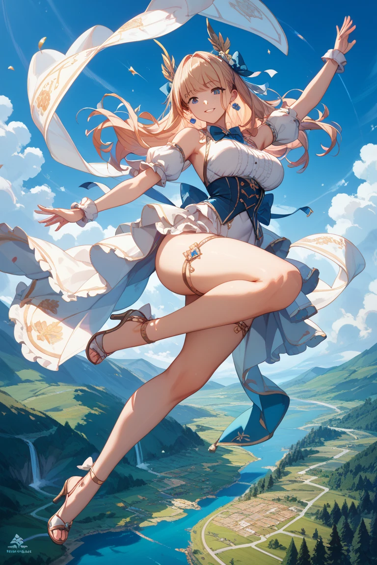 ((masterpiece)), ((best quality)), ((anime)) girl, ((princess character)
 Zelda)), ((beautiful body)), pale skin, ((eyes)), eyebrow, ((ear)), happy, smile, hair, ((hair highlights effect)), ((outfit)), (arms), thin waist, ((thick legs)), ((big thigh)), standing, ((background scenery)), ((old world)), ((seeing)), ((hair swinging )), ((field of flowers)), ((mountain)), ((leaves flying)), ((beautiful day)), pov, ((viewer view)), ((want to hug)), (( ruddy)), lustful, ชุดรัดรูป, กางเกงในสีขาว, camel toe,