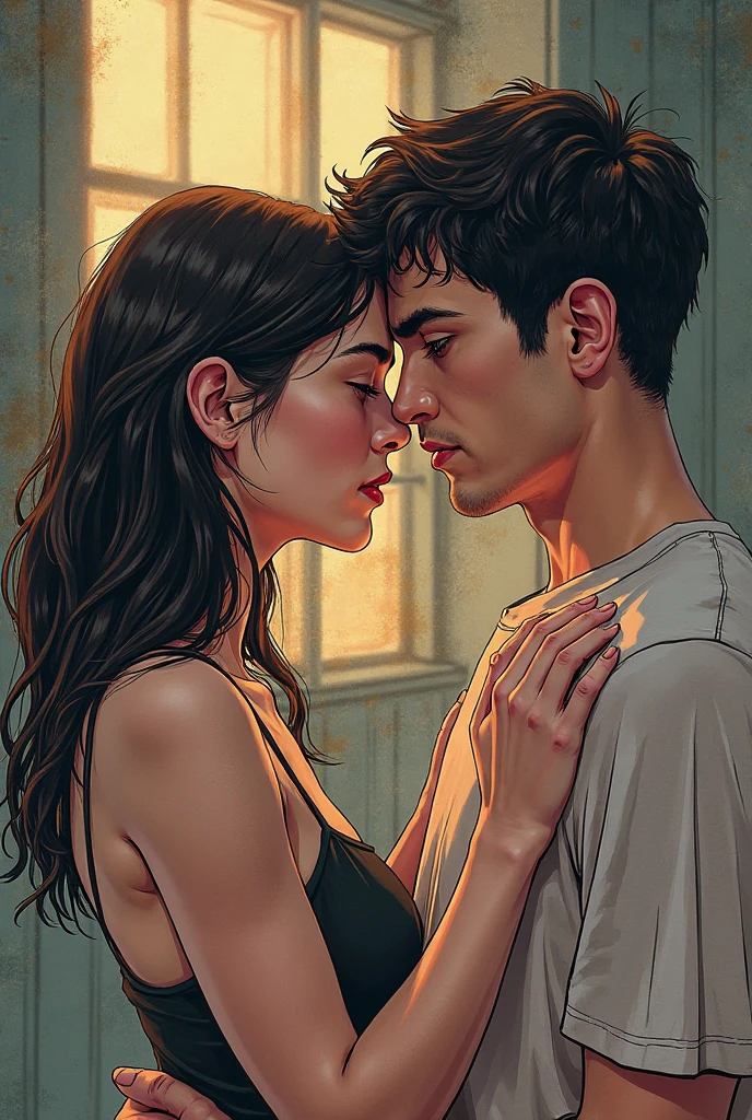a girl with really short, dark brown hair. which is not longer than the beginning of her neck. she has a rebellious vibe. she’s kissing with a sweet boy, who has brown and very long straight hair. they are in love. she’s touching him. make it look very intimate. 