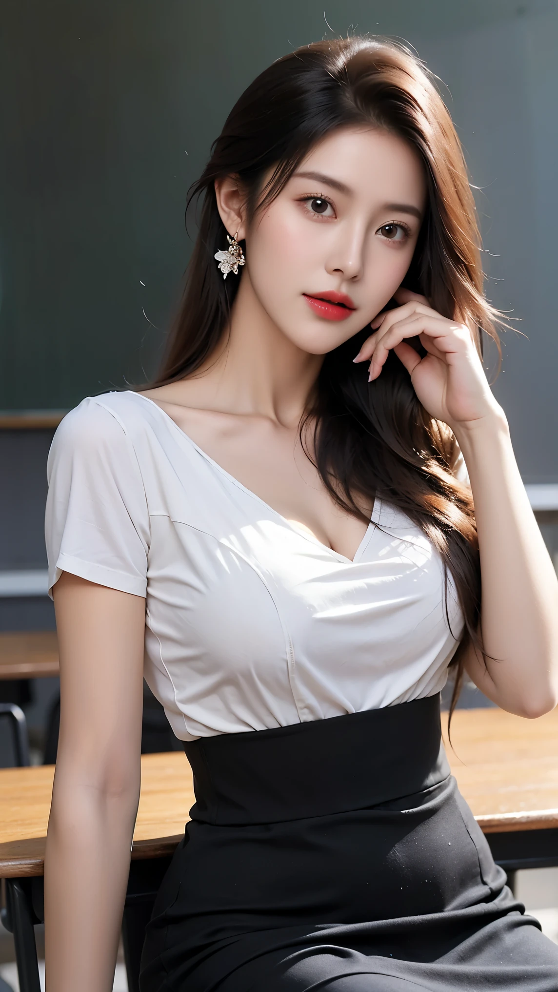 (8k, best quality, Masterpiece, very high:1.2) Photo of a beautiful Japanese girl, Beautiful and charming with contemporary fashion drawings as well., looking at the audience, ((in the classroom background)), (1 teenage girl),(Short black skirt), (White shirt with short sleeves, slightly revealing at the chest.), ((black short pencil skirt)), sugar belt, ((Put your hands down.)),blonde hair, medium hair, High angle view of a beautiful woman, realistic skin texture, look up, round chin, Art lens 85mm, F 1. 2, Sharp focus, High resolution 8K, Crazy details, complicated, elegant, big breasts, dynamic gesture, big breasts,