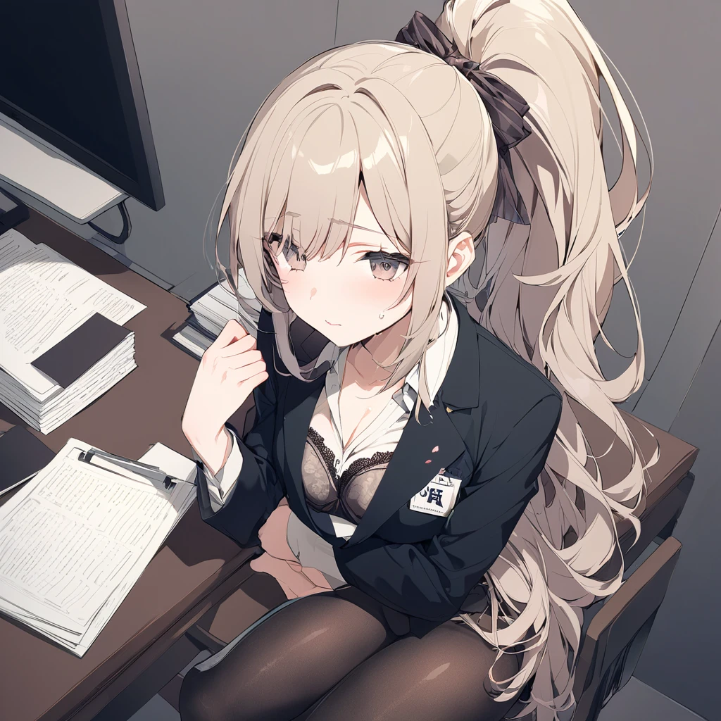 (Masterpiece: 1. 2), (Top quality: 1. 2), Anime girl, One, Blonde hair, Hair clip on right side of forelock, Black cap, Wine red eyes, White female shirt, Brand grey blazer, Small red ribbon across chest, Office clothes, One size larger shirt, Checked priss skirt, Black tights, tights with fine detail, full body, large breasts, front view, alone, bruised and super cute