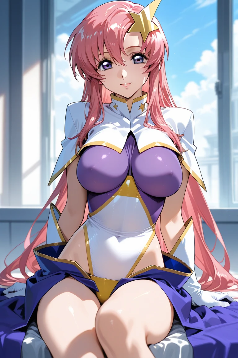 (masterpiece）、（Best image quality）、（Very detailed）、（Very detailed）、4K、（8K）、Best image quality、（beautiful）、anime,(on back:1.4),(arms behind back:1.3),(M legs:1.4),(spread legs:1.4),legs up,
(Spaceship room,Futuristic interior:1.3),On the bed,More about Campbell, 1 Girl, (star hair ornaments:1.4), hair ornaments, Pink Hair, Long Hair, Leotard Purple Leotard, White leotard, A tight leotard、Huge breasts、Thick thighs、,Sitting,A light smile､Dynamic pose､gravure､Dynamic Angle、Noise Reduction､Emphasize the chest､Breast Augmentation