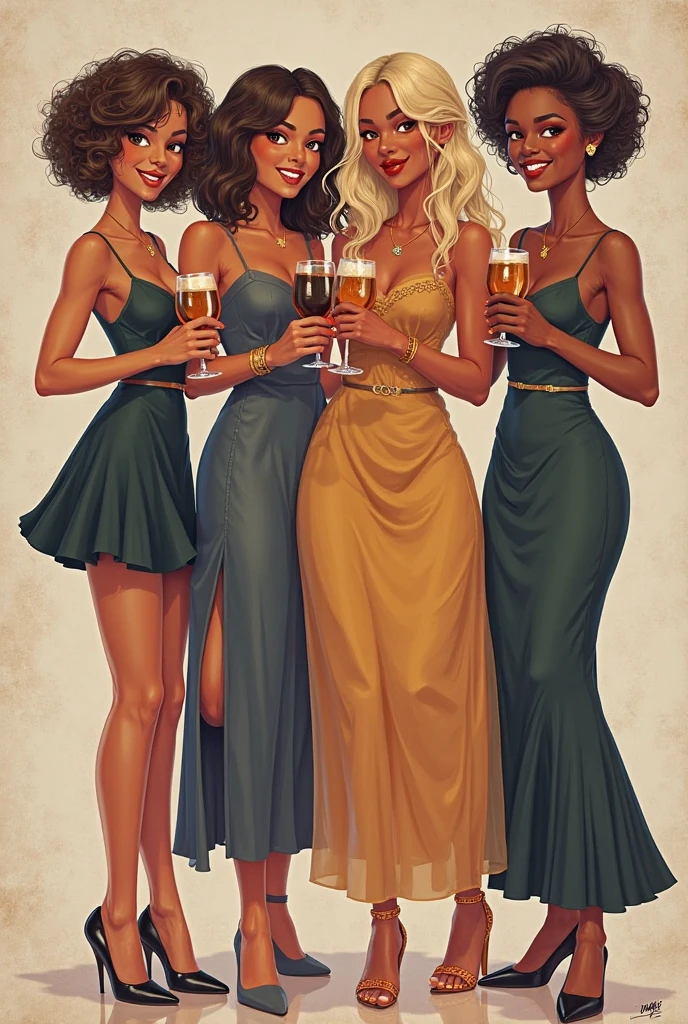 At a nighttime party, three women are sitting at the bar, deep in conversation. From a distance, you can see the entire scene, capturing the ambiance of the party and the women talking among themselves. The first woman has dark skin, striking red hair, and is wearing a green dress that complements her look. The second woman has fair skin, long brown hair, and is dressed in a black dress, giving her a sophisticated appearance. The third woman has blonde hair, fair skin, and is wearing a gold-colored dress that shines under the party lights. The image captures them in a wide shot, with the entire environment visible, creating an atmospheric and cinematic composition.