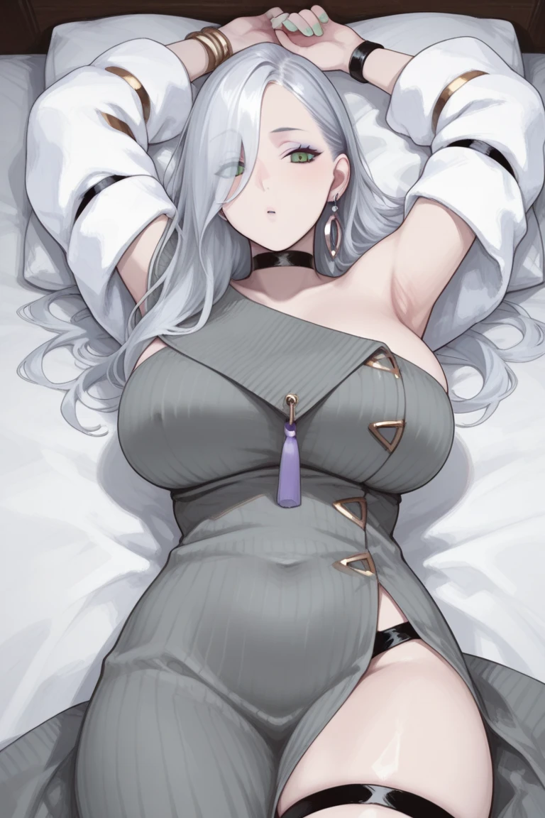 one pregnant anime girl with white hair and red eyes, chained and laying on a bed. Sad. breast feeding