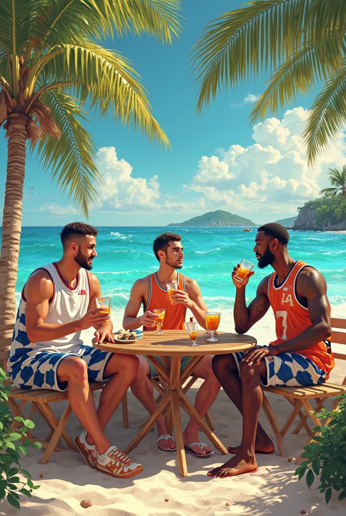 Two young cute handsome slim tall white men together on the beach with swimsuit and coconut in their hand