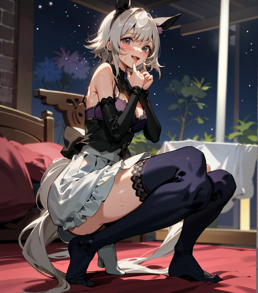 1girl,独奏,Animal ears,Cat ears,dress,black,Short sleeve,Purple Eyes,Off-shoulder,white hair,sitting,On the wooden table,blackdress,looking at the audience,Open your mouth,thigh strap,Chokes,Animal ears plush,Knees up,Shoulders,blackShort sleevedress,Cat Girl,short hair,neck bell,Short sleeve,blackChokes,bell,bangs,clavicle,spaghetti strips, Raise your hand、Knees up、Wearing strappy heels、extra ears、sash、blush、Hair between the eyes、Feet in the air