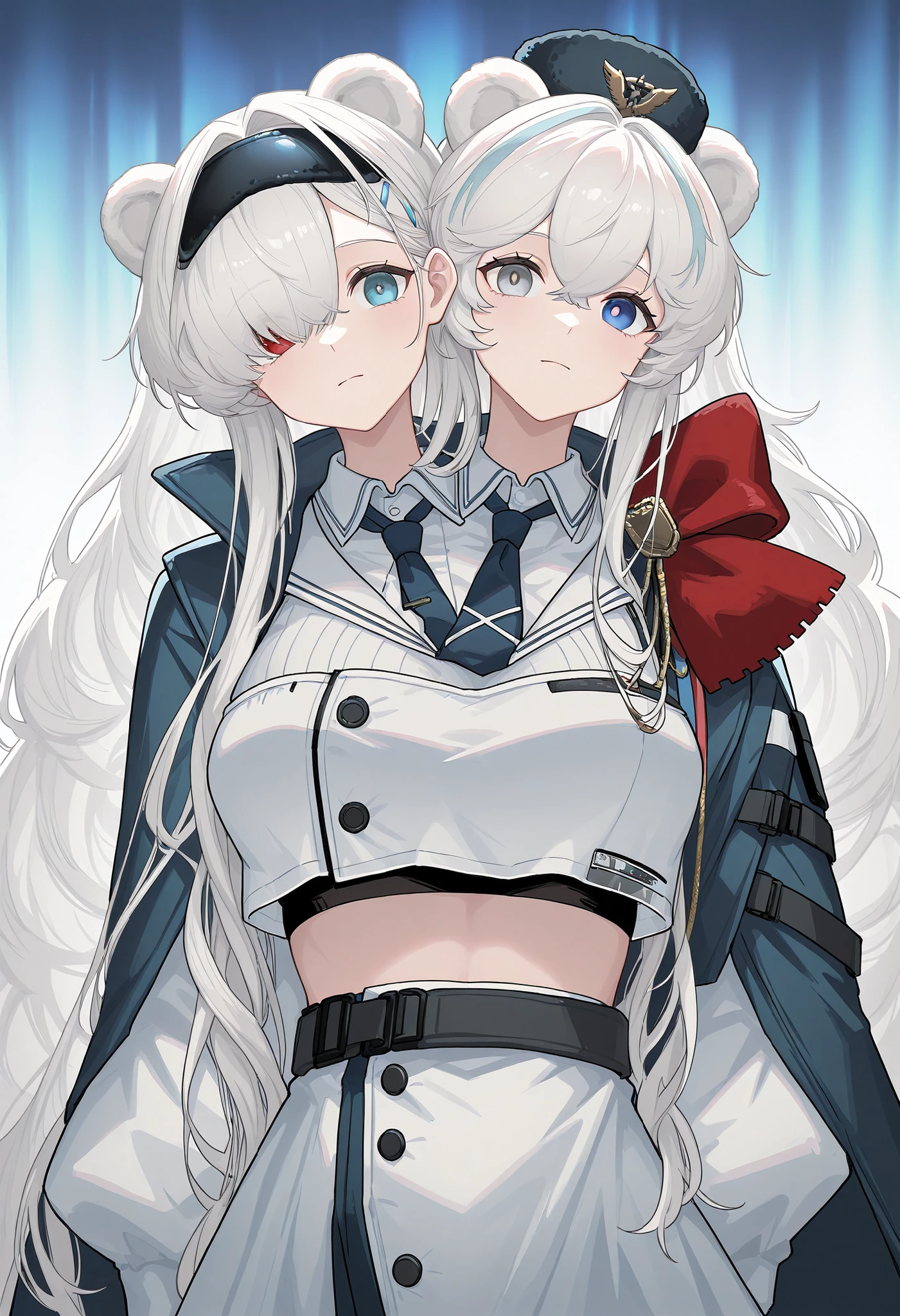 conjoined, 2girls, 2heads, two heads, a tall thin girls with 2 heads, rosa_\(arknights\), heterochromia, white hair, streaked hair, bear ears, aurora_\(arknights\), blue eyes, black hairband, hair over one eye, bear ears, hat, blue necktie, black pantyhose, red bow, cropped jacket, crop top, black gloves, midriff, white dress, blue cape, high heel boots, knee pads, front shots, upper body,
