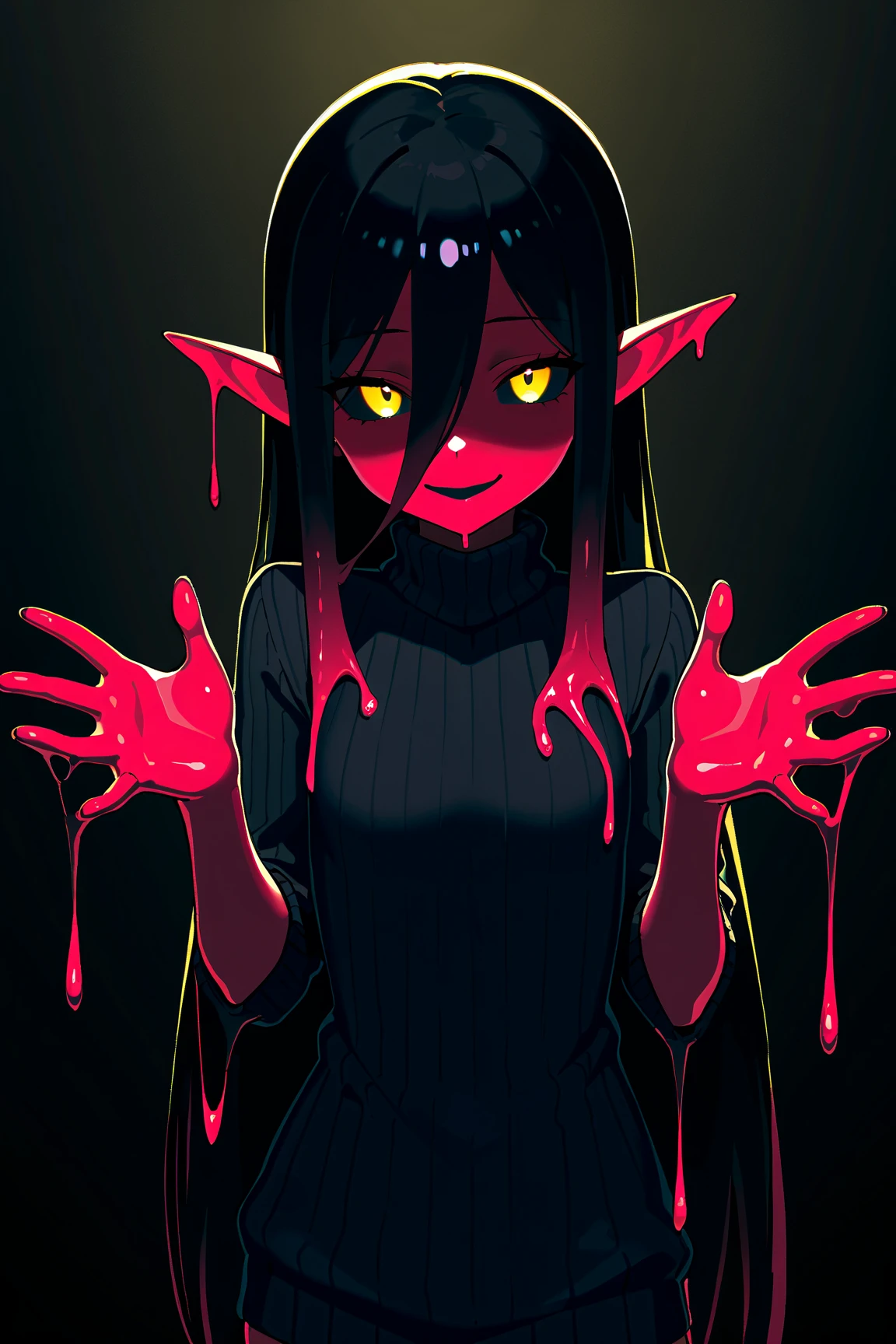 western art style, cute pale skinny tiny innocent eldritch grey-skinned-monster, female, six big cute black lidless eyes, long wet black hair, slender limbs, toothed maw with cute smile, long drippy tongue, flat chest, eerie vibes