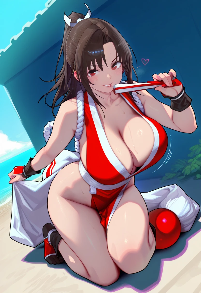 Mai Shiranui, 1girl, solo, shiranui mai, breasts, brown hair, hand fan, ponytail, pelvic curtain, long hair, folding fan, brown eyes, cleavage, japanese clothes, revealing clothes,(gigantic breasts:1.6), rope, open mouth, sideboob