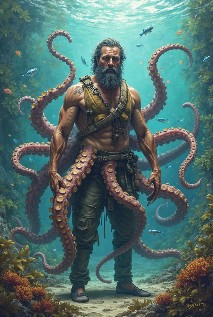 (A mature 45-year-old male plumber sits on a pipe in a damp dark underground tunnel:), Round inches,Slag,musculous,vast pecs,Broad shoulders,Huge crotch bulge,Bare pectoral muscles,rich body hair,Wear a zippered jumpsuit,(Huge octopus feet wrapped around the body,Stretch like clothes), (Pull the handle away,Exposing the pectoral muscles:1.5), A thin silver chain hung around his neck,Sit Pose,(Indecent expressions), hyper photorealism,Real photos,Textured skin,Dim light,intricately details,High- sharpness,tmasterpiece,full bodyesbian,in a panoramic view,A lot of white space,Background:Dark, Wet underground waterways,Mossy gray brick walls,Huge octopus feet sticking out of the sewers