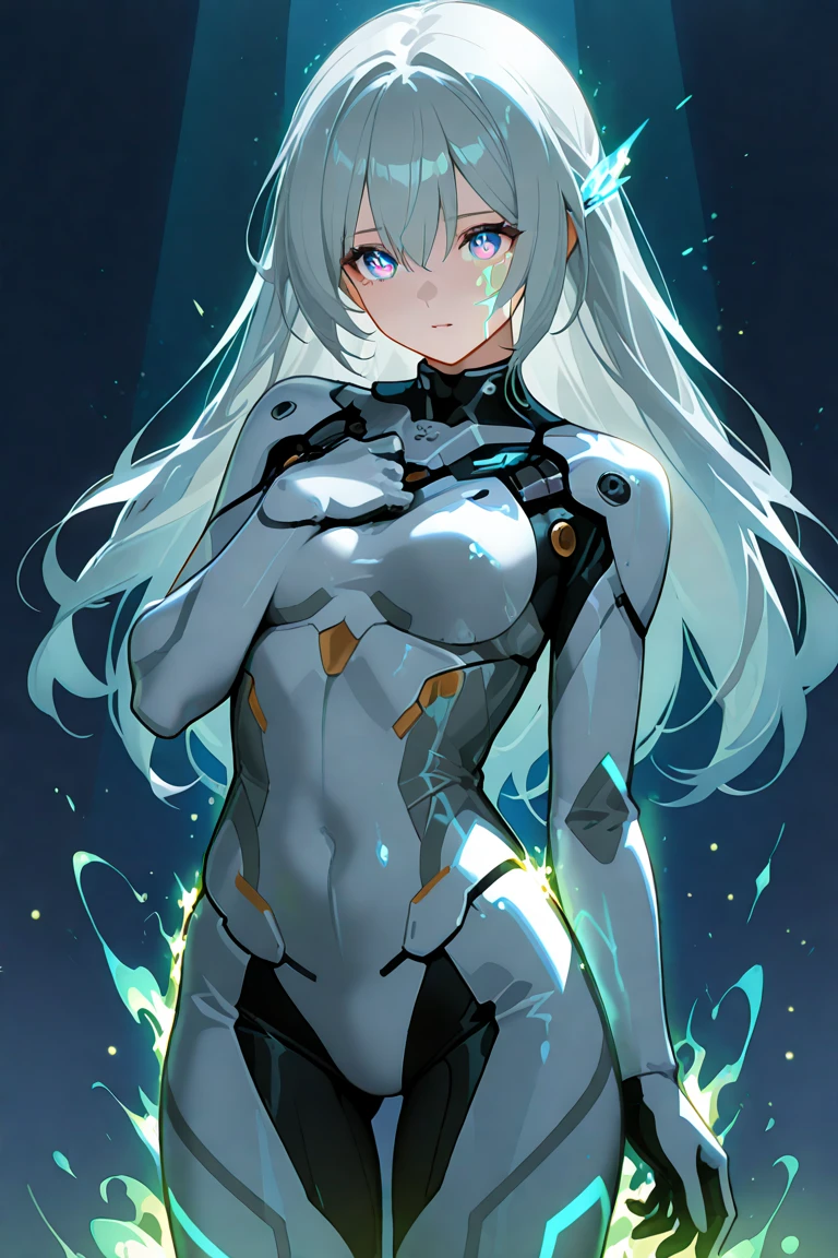 ((masterpiece)), (Highest quality), (Simple style), Silver hair Super long hair Blue eyes Plug suit