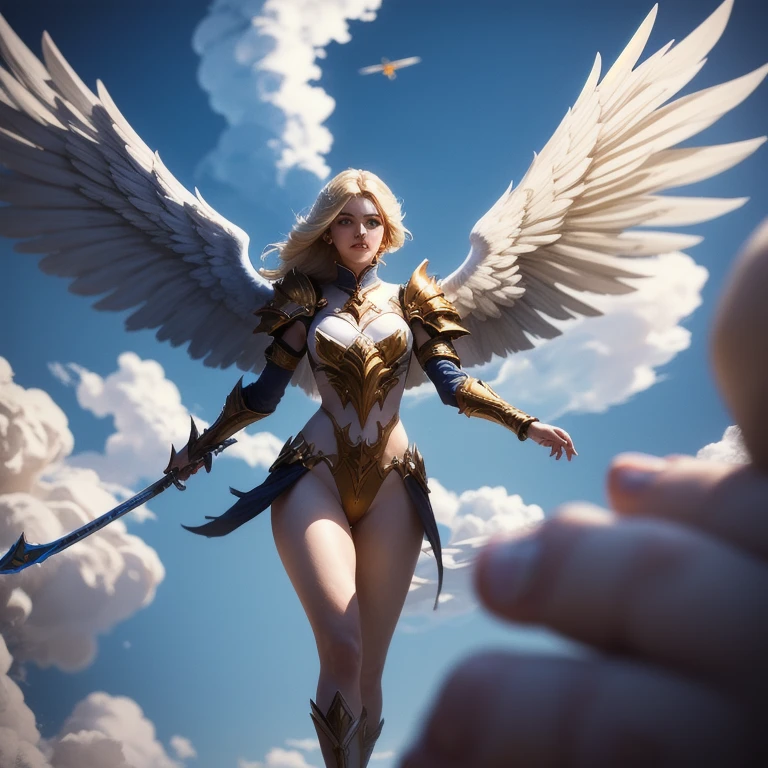 blond woman in white dress holding sword with wings in background, angel knight girl, ross tran and wlop, as a mystical valkyrie, lux from league of legends, cinematic goddess shot, wlop and ross tran, by Yang J, ross tran 8 k, cgsociety ), cinematic goddess close shot, ross tran and bayard wu, rossdraws volumetric lighting