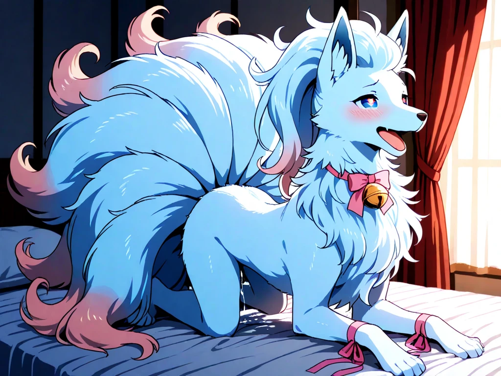 (fluffy anthro furry :1.6),fox girl,light blue long hair,wavy hair,messy hair,light blue fur,naked,morning,white sun light,white curtains,kneeling on bed,looking at viewer,full face blush,back view