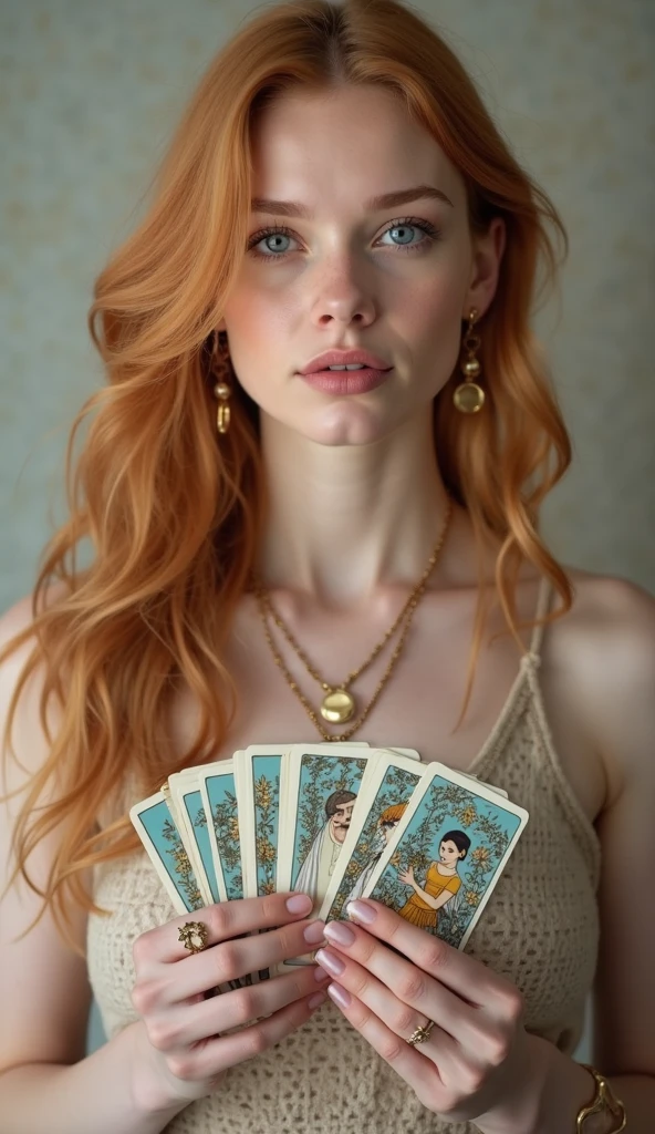 A closeup of a beautiful woman, the most beautiful in the world, with a red headband and a bunch of tarot cards;, Complex tarot card background, Tarot card background, tarot cards characters, Arte do Tarot, Tarot card art, tarot card enviroment, Tarot cards, tarot style, floating tarot cards, tarot design, as a tarot card, tarot card style, tarot cards!!, Whirlwind of closeup tarot cards, peito, Neck strap, ombros, olhos perfeitos, perfect irises, Perfect lips, , pele perfeita, luz frontal suave, brilho, HDR, (cores suaves: 1.2) hiperealista,realista, Realismo, renderizado, Alto contraste, digital art photographyrealistic trend in Artstation 8k HD high definition detailed realistic,  detalhado, textura da pele, hiper detalhado, textura de pele realista, armadura, melhor qualidade, ultra high-resolution, (fotografiarrealista: 1.4), alta resolução, detalhado, Calado bruto, sharp re, por lee jeffries Nikon D850 Filme Fotografia de Stock 4 Kodak Portra 400 Lente F1.6 Rich Colors Realistic Texture Dramatic Texture Dramatic Lighting Irrealengine Trend on Artstation Cinestill 800