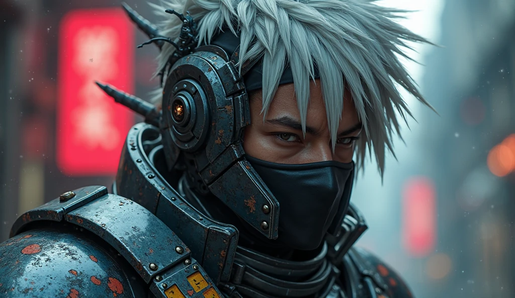 Super realistic, hyper realistic, super detailed, (samurai, white hair, upper body, armor, mask, blurry background, science fiction, mask, cyborg, cyberpunk, katana on back, katana handle sticking out behind back:1.3) (glowing simple black background:1.25), masterpiece, best quality, wide-angle Hyperdetailed, masterpiece, best quality, 8k, natural lighting, soft lighting, sunlight, HDR (High Dynamic Range), Maximum Clarity And Sharpness, Multi-Layered Texture,