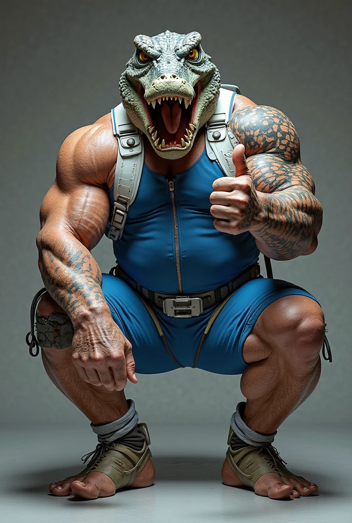 strong humanoid with shark head and closed mouth, holding a chain in front of a steel cage, defined legs, calm without aggression, imposing serious power without showing teeth, hidden teeth
