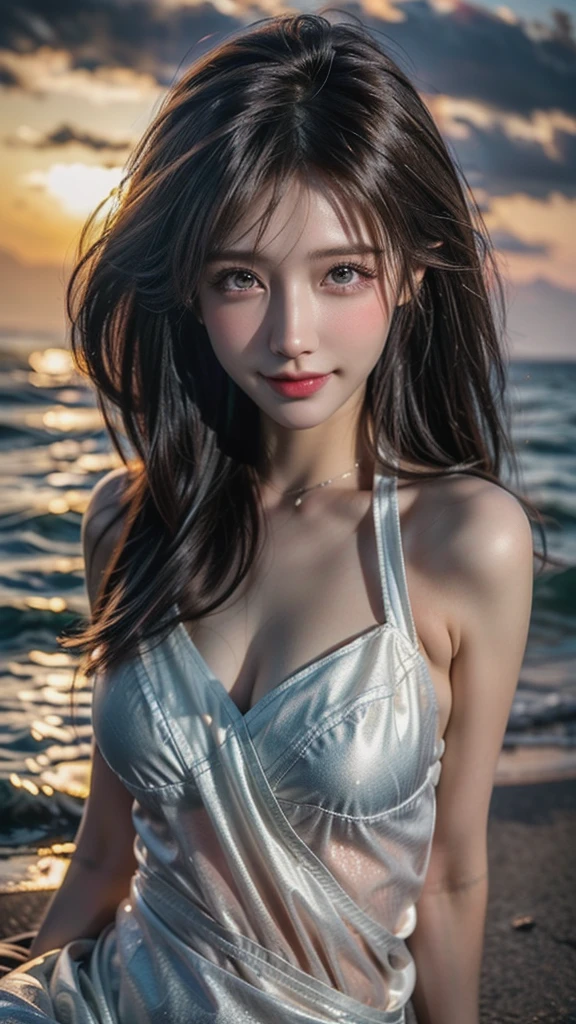 close up on face, Ultra-fine face,femele, Stand up, long whitr hair, ellegance, opulent, ellegance, adolable,ssmile,cheerfulness,the ocean, Eau, Sense of brokenness, ruri, Buble, Hairline, slanted bangs, shairband, hair adornments,glitters, cinmatic lighting, hyper HD, A high resolution, best qualtiy, 8K, high detal, high qulity, super detailing, anatomy correct, tmasterpiece, ccurate,Facial highlights,shift dresses