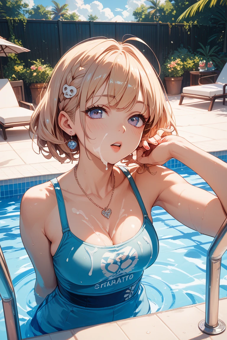 masterpiece, best quality, highly detailed, ultra high res, ayase arisa, kitagawa marin, 1girl, solo, hair ornament, flower in hair, blonde hair, glossy lips, full lips, choker, swimsuit, cleavage, pool