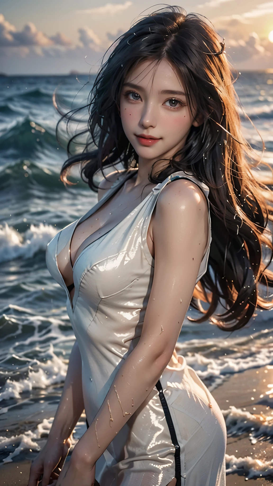 Best quality, masterpiece, ultra high resolution (photorealistic: 1.4), 1 girl, white dress, in bikini, beach, glowing skin, slight smile