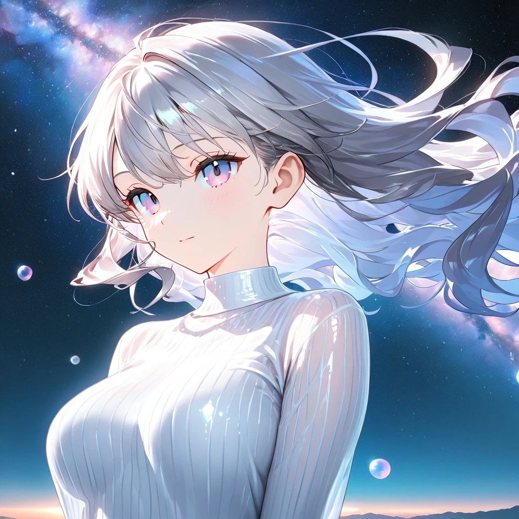 (((A closer look: 1.4))) anime teen girl, (Kindergarten children), (((shy))), cinematic light, Slim body with curves, Her skin is perfectly white, soft, And smooth, ((No NSFW)), Very delicate and beautiful CG illustrations, highest quality, High resolution, dynamic angle, Full length lens, (1 girl), floating, soft light, high key lighting), shining light, Purple Halo, Flapping background, Pearl ball (((Wearing only a white (Pure) (transparent) Tank top))), ((Very cinematic: 1.5))