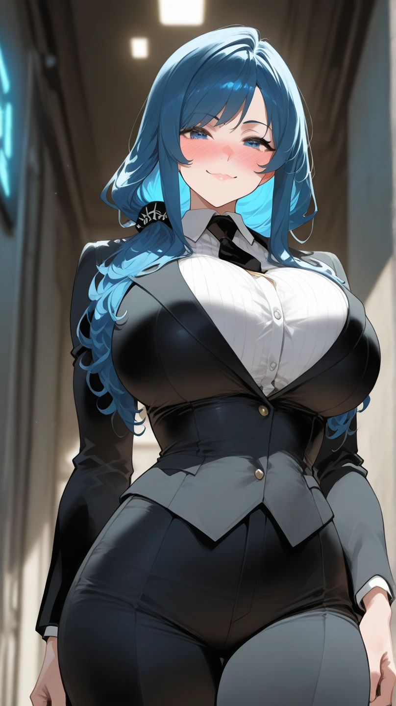 light blue hair, black colored dress, blue eyes, gigantic breasts, cleavage, bare legs, smiling