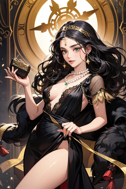 <lora:Sonia_FE-10:0.8> sonia fe, 1girl, solo, long hair, dress, navel, cleavage, bare shoulders, jewelry, full body, earrings, detached sleeves, nail polish, black footwear, black dress, high heels, makeup, wavy hair, lipstick, side slit