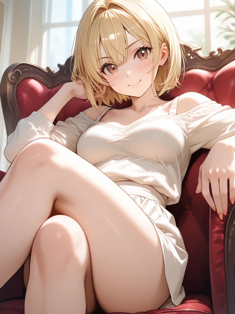 (top-quality,High resolution,(Ultra high definition,4K), (超A high resolution,in 8K),masutepiece:1.2), (Perfect Anatomy,Anatomically accurate), (Angle from below), (Soft lighting, rendered), (1 Cute High School Girl), ((Sitting on a sofa in the lobby of a luxury hotel,itting open legs)), ((Girls' High School Sailor Uniform)), (Red lace panties), (fascinated expression), (Crisp double eyelids), (Large breasts:1.3), (Soft skin), (Photorealistic), (Glowing skin), (blondehair), (Pixie Cut)