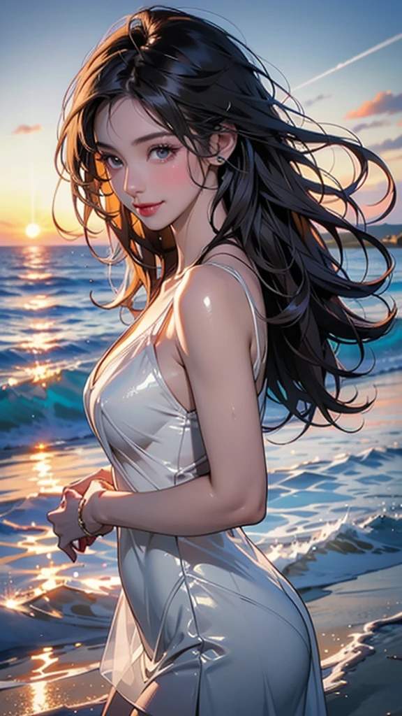 black short dress, school uniform, very pretty European princess, wearing round glasses, portrait photo, beach, standing up straight, head and ankles straight, smiling, wearing earrings, 4k definition, beautiful slim hands
