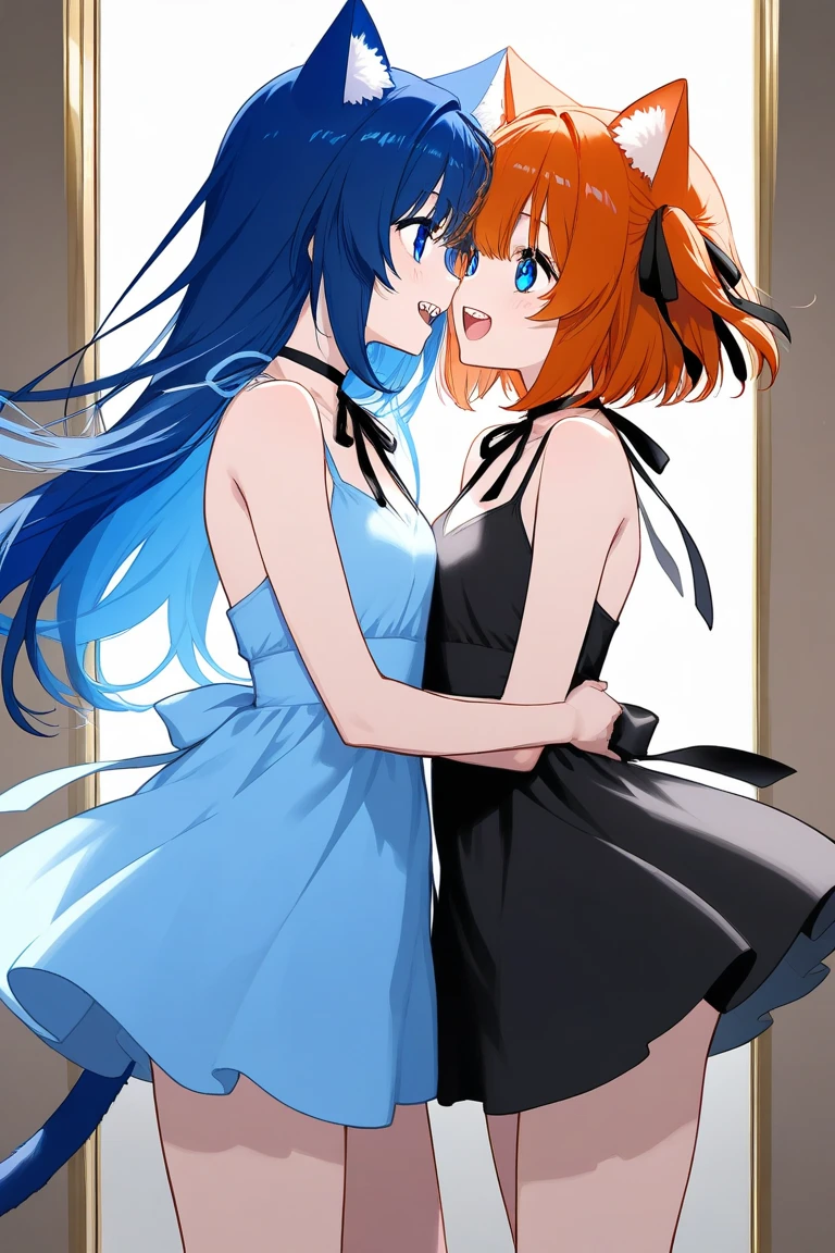 A red haired woman with red eyes is kissing a black haired woman with red eyes on the red carpet