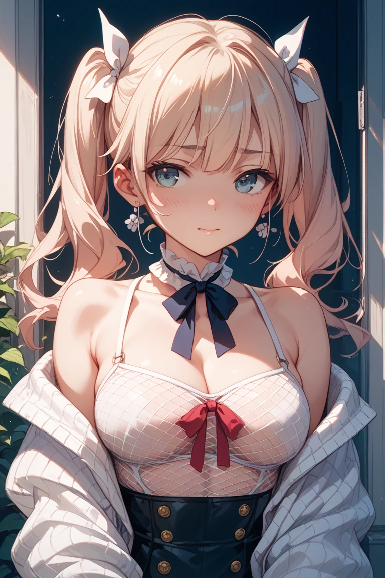 (Masterpiece, top quality, best quality, official art, beauty & aesthetics:1.2), hdr, high contrast, wide angle lens, 1 girl, solo, long hair, (white hair), (bangs), looking at viewer, relaxed expression, pronounced purple eyes, long faded eyebrows, soft makeup, gradient lips, (:1.3), hourglass figure, long fingers, realistic illustration, (soothing tones:1.3), (super detailed:1.2), aaenter, hat, white headwear, black necktie, sleeveless shirt, white shirt, off shoulder, black coat, open coat, belt, pleated skirt, black skirt, black thighhighs, cowboy shot, standing, outdoors, sunny day, city background
