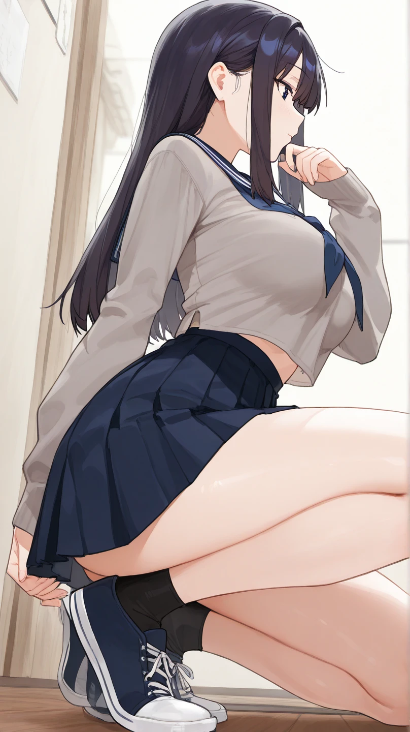 From Below,classroom,Black pleated skirt,highest quality,From Below,high quality panties,{{beautiful large breasts 1:4}},pretty girl,brush,High-quality backgrounds,Slanted Eyes,Detailed shirt chest wrinkles,BREAK,{{beautiful blue eye1:4}},BREAK,Five fingers