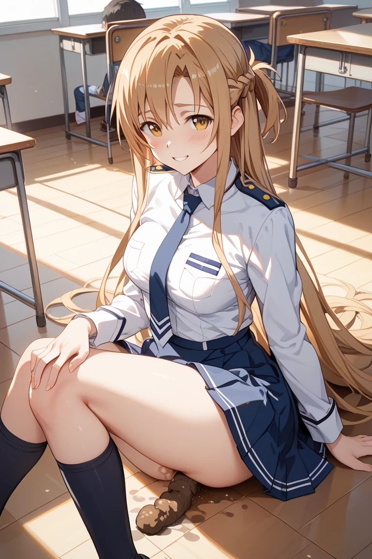 masterpiece,, alone, Yuuki Asuna, ((masterpiece)), High Resolution、(Lie on the desk and spread your legs、)、Sailor suit、weat all over the body、vapor、Five men