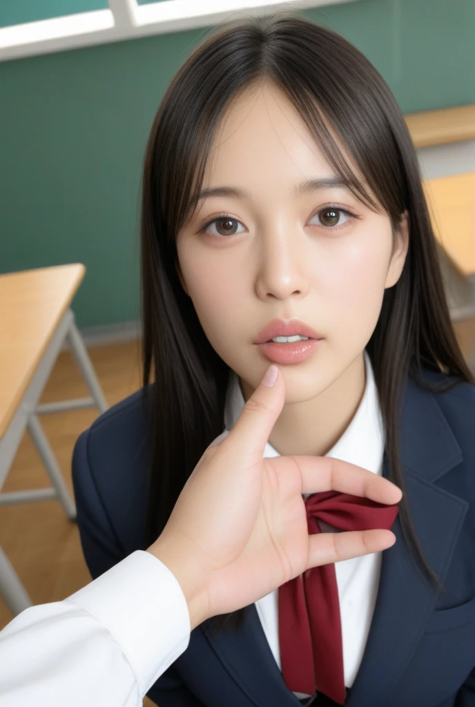 8K,  (japanese woman),masterpiece、Photoreal:1.05、realistic, ultra high resolution, highest quality, real life photos ,( When evening comes :1.1),in the room、
((((1 girl:1.5)))), (((Japanese  giving blowjob:1.4)))、(cute face:1.3)、日本の1 girl,((1 Japanese female high school student))、((1 real high school girl))、((Japan High School Uniforms:1.6))、 long hair,,slender body,black hair,(Depth of written boundary:1.3)、 ((dark brown eyes:1.2))、(real skin texture:1.3)、(An immersive atmosphere:0.8、chiaroscuro:0.9) 、(look viewer:1.3)、((red cheeks:1.3))、((From above:1.2))、(smile:1.4)、((sucking penis:1.4))、((Japanese high school student doing blowjob))、((from below:1.35))、((drool、Sweat、saliva、semen、tears))、(close up on face:1.35))、((small breasts:1.4))、the most beautiful woman in the world、