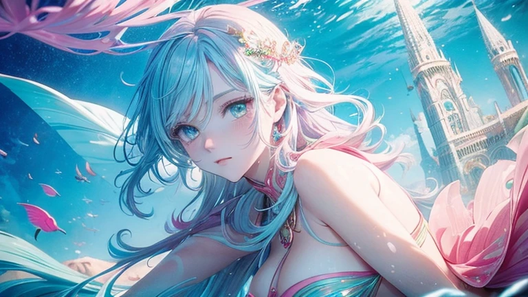 (Masterpiece, Top Quality, Best Quality, Watercolor (Medium), Official Art, Beauty and Aesthetics: 1.2), (1girl: 1.3), (Fractal Art: 1.3), In the Sea, Looking at the Audience, (Rainbow Hair, Colored Hair,), In the Water, Bubbles,