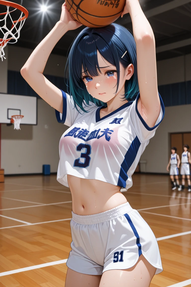 basketball、Sheer tank top、Big Tits、Transparent nipples、See-through underwear、pantyhose/stockings、basketball、stage、Light blue hair