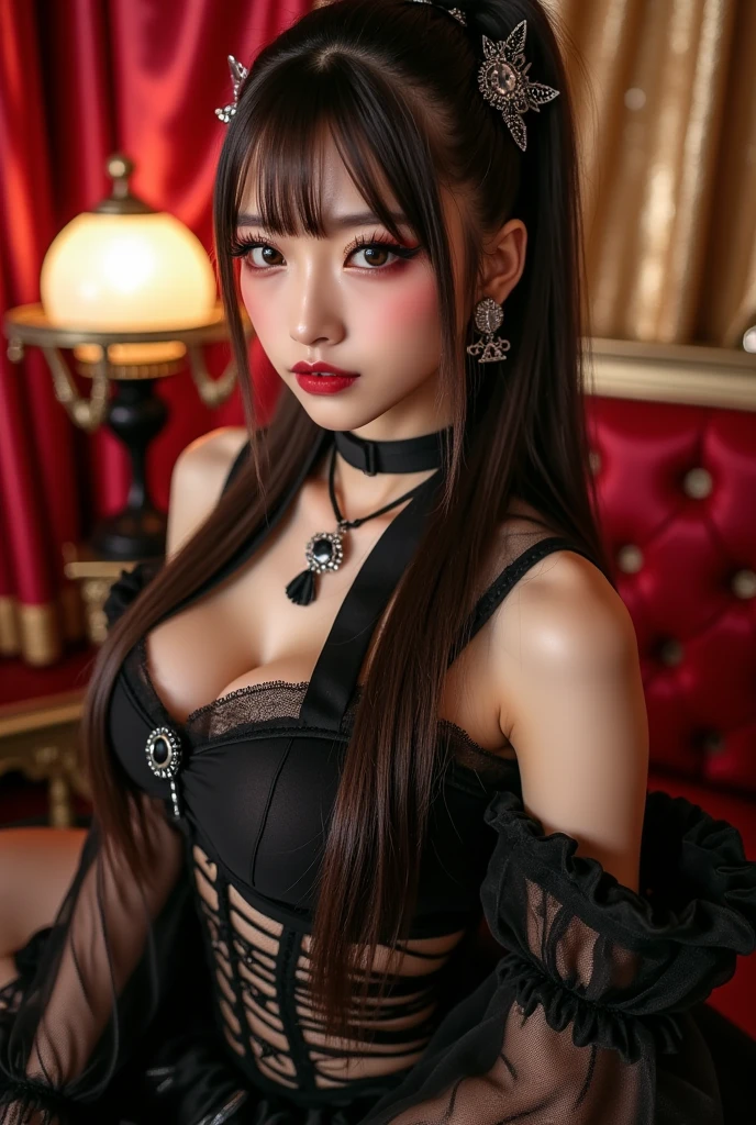 best quality、ultra-detailed、8k、Japanese、Japanese、Seductive beauty、seductive adult woman、Pretty Woman、cool girl、Villainess、brainwash makeup、Brainwashed、brainwash、Fallen into evil、smirk、Evil look、Wicked Smile、evil、Brown hair、wavy hair、swept bangs、dark makeup、dark makeup、piercing eyes、hollow eyes,half-closed eyes、Hollow Eyes、purple Eyeshadow、black lipstick、black lipglos、Lace fabric、black party dress、Wide sleeves、flare skirt、night、inside darkroom、Are standing、Look、Offer、shoot from below、Make up、Have lipstick、Swear allegiance、I have pledged my allegiance、Seduce、Evil female executive、Female Combatant