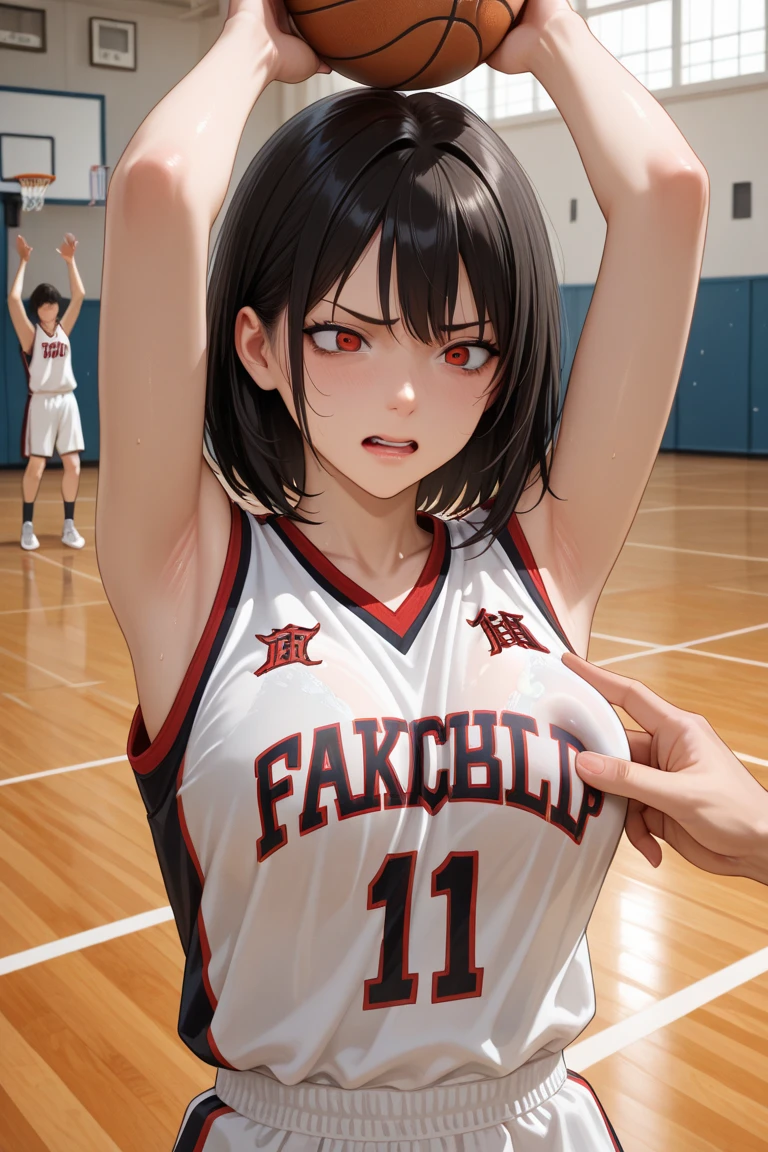 mastute piece,Best Quality,insanely detailed,8k cg,nsfw,
(shoot upper body:1.3),
(1girls:1.3),standing,looking at viewr,body in front,both arms behind back,(basketball uniform:1.3),(bare breasts:1.1),(bare nipples:1.1),
break,
blush,shy,(ecstasy face),(trembling:1.2),break,(light brown hair:1.2),
break,
perfect breasts,perfect teats,(open mouth:0.9),(large breasts:1.2),
(basketball court)、